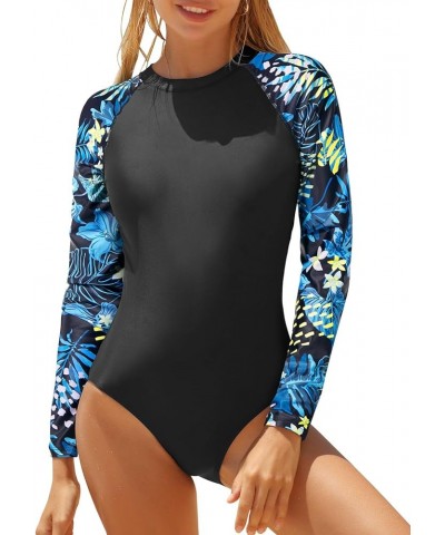 Womens Rash Guard Long Sleeve Swimsuit One Piece Bathing Suit Zipper Surfing Swimwear UPF 50 Black and Blue Print $21.59 Swim...