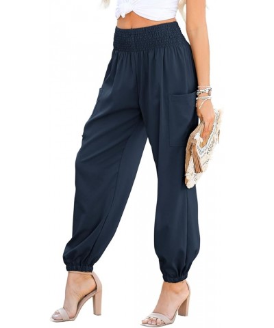 Womens Summer Boho Business Casual Smocked High Waisted Cargo Long Pants with Pockets Navy Blue $13.96 Pants