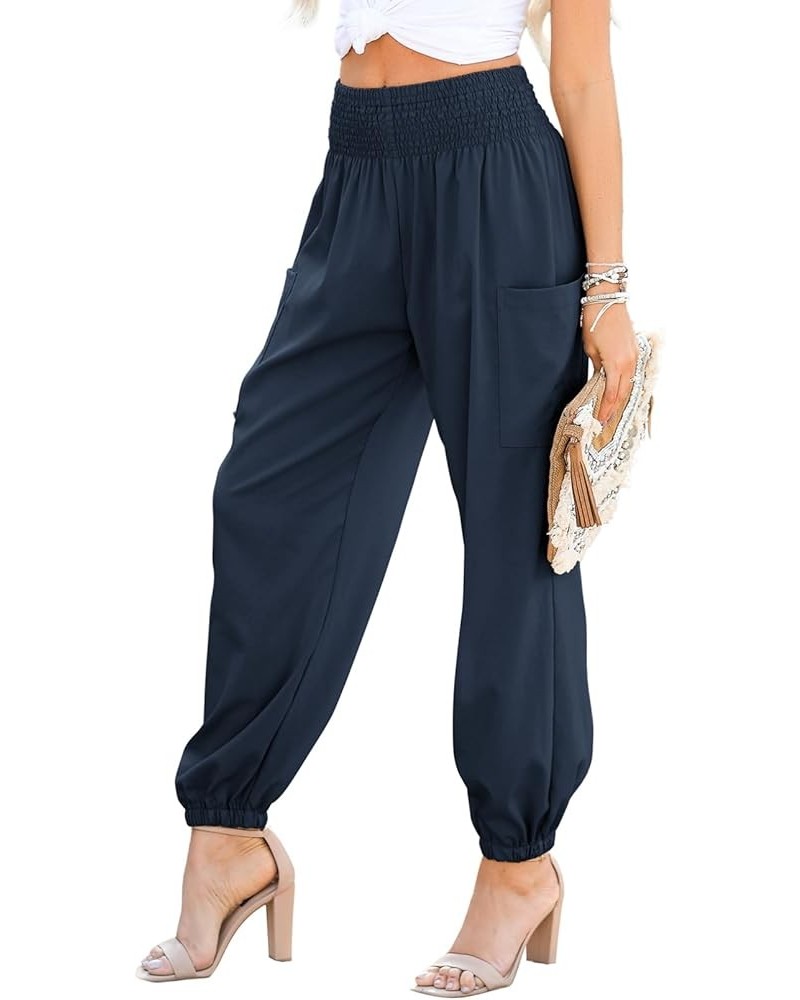 Womens Summer Boho Business Casual Smocked High Waisted Cargo Long Pants with Pockets Navy Blue $13.96 Pants