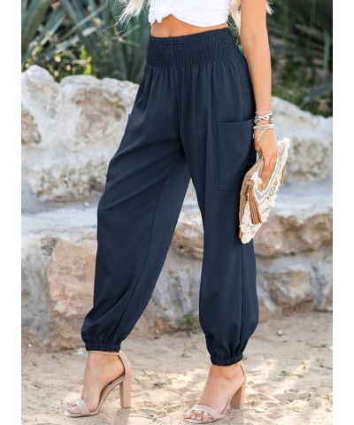 Womens Summer Boho Business Casual Smocked High Waisted Cargo Long Pants with Pockets Navy Blue $13.96 Pants