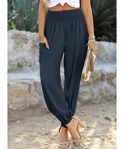 Womens Summer Boho Business Casual Smocked High Waisted Cargo Long Pants with Pockets Navy Blue $13.96 Pants