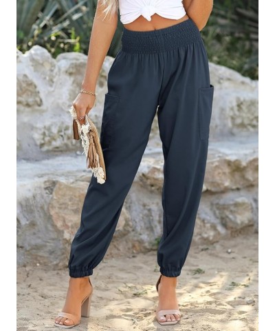 Womens Summer Boho Business Casual Smocked High Waisted Cargo Long Pants with Pockets Navy Blue $13.96 Pants