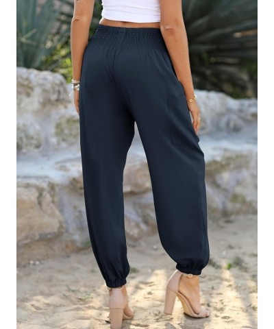 Womens Summer Boho Business Casual Smocked High Waisted Cargo Long Pants with Pockets Navy Blue $13.96 Pants