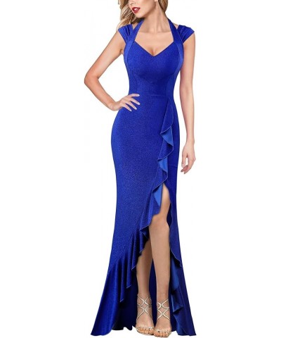 Womens V Halter Neck Celebrity Ruffle High Split Formal Evening Gown Wedding Prom Maxi Dress Sparkly Blue $36.17 Dresses