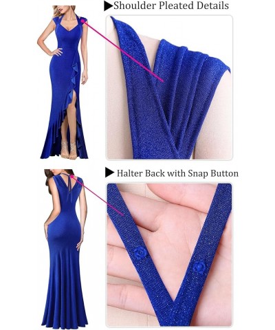 Womens V Halter Neck Celebrity Ruffle High Split Formal Evening Gown Wedding Prom Maxi Dress Sparkly Blue $36.17 Dresses