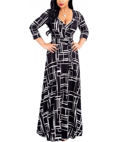 Women's Floral Print Faux Wrap V Neck 3/4 Sleeve Maxi Long Dress with Belt Black $22.19 Dresses