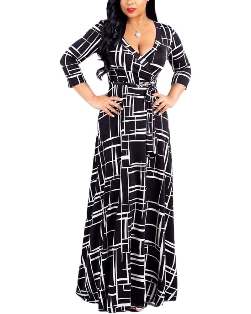 Women's Floral Print Faux Wrap V Neck 3/4 Sleeve Maxi Long Dress with Belt Black $22.19 Dresses