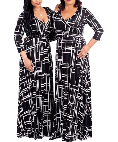 Women's Floral Print Faux Wrap V Neck 3/4 Sleeve Maxi Long Dress with Belt Black $22.19 Dresses