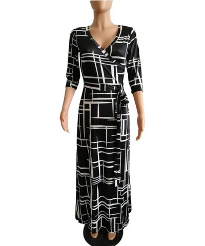 Women's Floral Print Faux Wrap V Neck 3/4 Sleeve Maxi Long Dress with Belt Black $22.19 Dresses