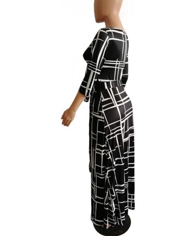 Women's Floral Print Faux Wrap V Neck 3/4 Sleeve Maxi Long Dress with Belt Black $22.19 Dresses