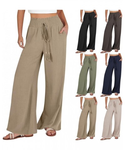 Linen Pants Women 2024 Wide Leg Pants with Pocket High Waist Adjustable Knot Loose Casual Trousers Business Work Pants 01-kha...