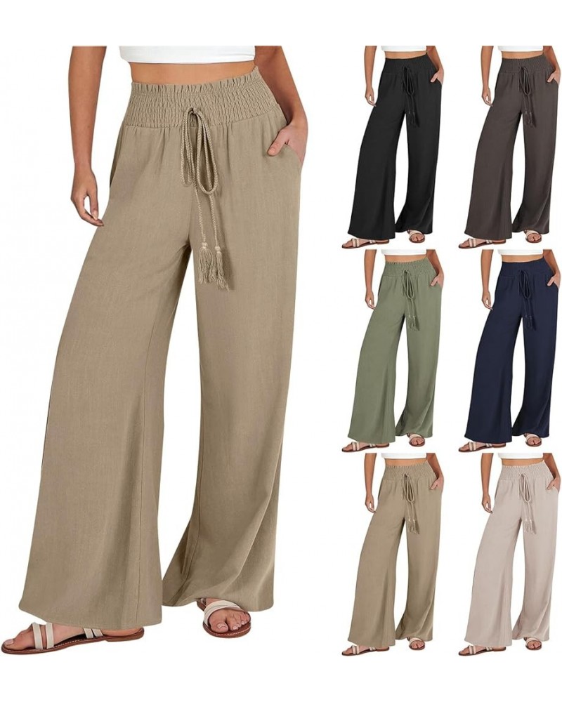 Linen Pants Women 2024 Wide Leg Pants with Pocket High Waist Adjustable Knot Loose Casual Trousers Business Work Pants 01-kha...