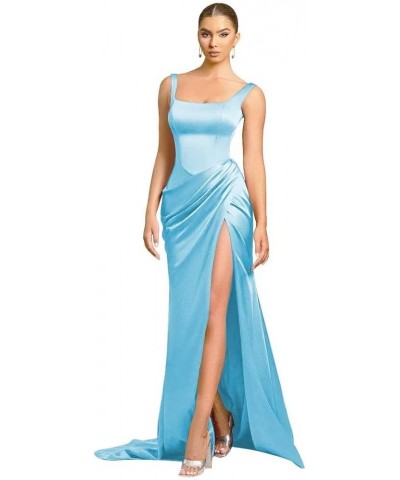 Mermaid Satin Bridesmaid Dresses Long Ruched Prom Dresses for Women Slit Formal Evening Party Gowns Sky Blue $34.44 Dresses