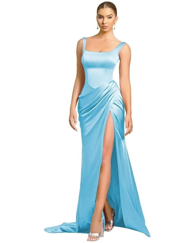 Mermaid Satin Bridesmaid Dresses Long Ruched Prom Dresses for Women Slit Formal Evening Party Gowns Sky Blue $34.44 Dresses