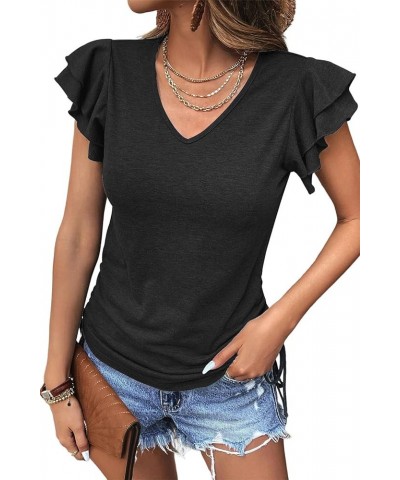 Womens Summer Tops 2024 Ruffle Short Sleeve Side Tie Drawstring V Neck T-Shirts Solid Color Casual Tunic Blouses Shirts Black...