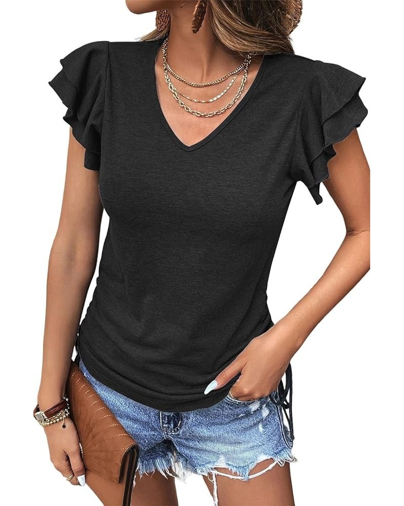 Womens Summer Tops 2024 Ruffle Short Sleeve Side Tie Drawstring V Neck T-Shirts Solid Color Casual Tunic Blouses Shirts Black...