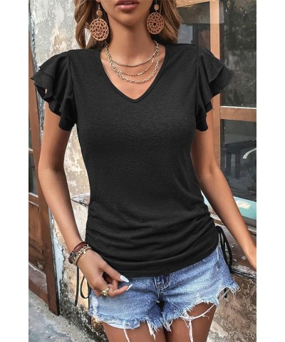 Womens Summer Tops 2024 Ruffle Short Sleeve Side Tie Drawstring V Neck T-Shirts Solid Color Casual Tunic Blouses Shirts Black...