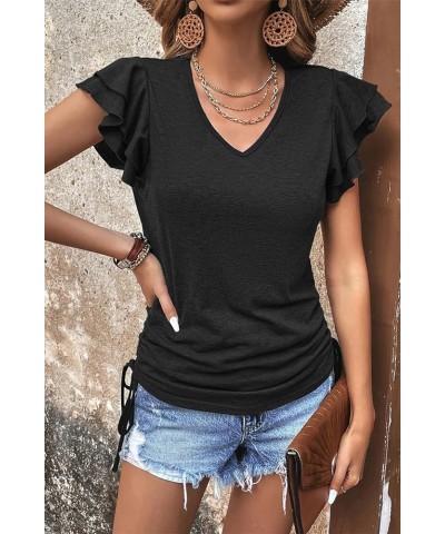 Womens Summer Tops 2024 Ruffle Short Sleeve Side Tie Drawstring V Neck T-Shirts Solid Color Casual Tunic Blouses Shirts Black...