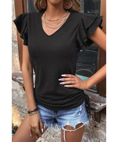 Womens Summer Tops 2024 Ruffle Short Sleeve Side Tie Drawstring V Neck T-Shirts Solid Color Casual Tunic Blouses Shirts Black...