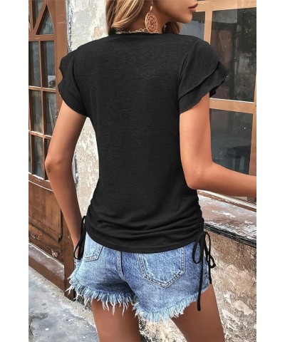 Womens Summer Tops 2024 Ruffle Short Sleeve Side Tie Drawstring V Neck T-Shirts Solid Color Casual Tunic Blouses Shirts Black...