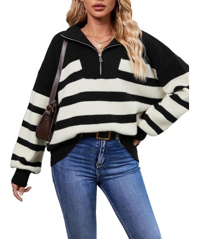 Woman Sweater 1/4 Zip Striped Pullover Sweaters Chunky Warm Long Sleeve Drapped Shoulder Winter Trendy Ribbed Knit Sweater To...