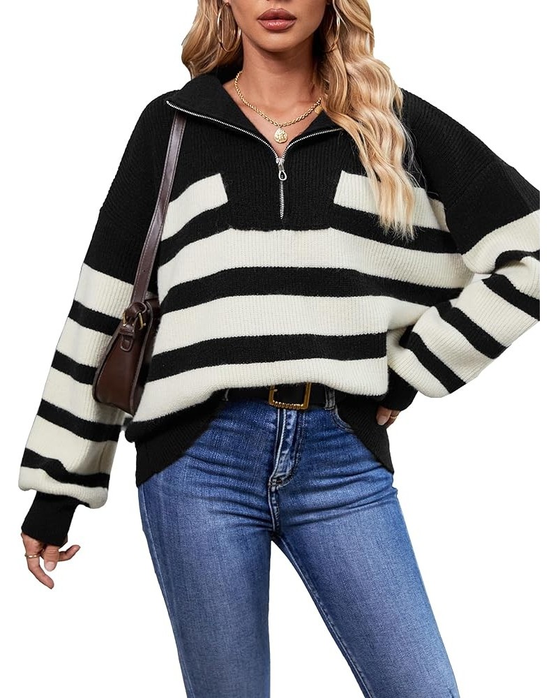 Woman Sweater 1/4 Zip Striped Pullover Sweaters Chunky Warm Long Sleeve Drapped Shoulder Winter Trendy Ribbed Knit Sweater To...