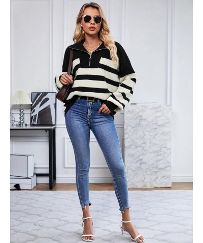 Woman Sweater 1/4 Zip Striped Pullover Sweaters Chunky Warm Long Sleeve Drapped Shoulder Winter Trendy Ribbed Knit Sweater To...