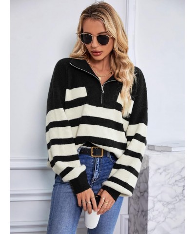 Woman Sweater 1/4 Zip Striped Pullover Sweaters Chunky Warm Long Sleeve Drapped Shoulder Winter Trendy Ribbed Knit Sweater To...