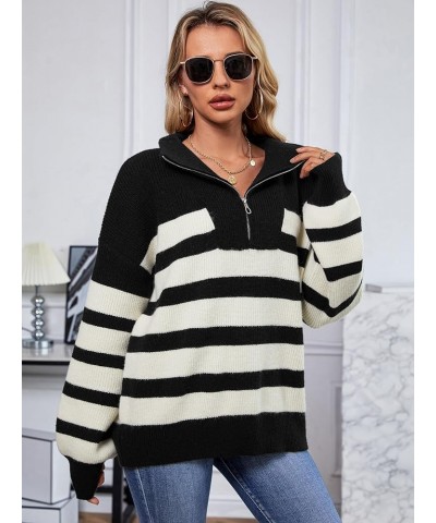 Woman Sweater 1/4 Zip Striped Pullover Sweaters Chunky Warm Long Sleeve Drapped Shoulder Winter Trendy Ribbed Knit Sweater To...