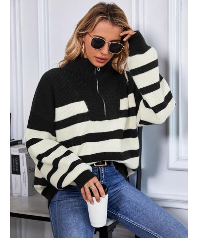 Woman Sweater 1/4 Zip Striped Pullover Sweaters Chunky Warm Long Sleeve Drapped Shoulder Winter Trendy Ribbed Knit Sweater To...