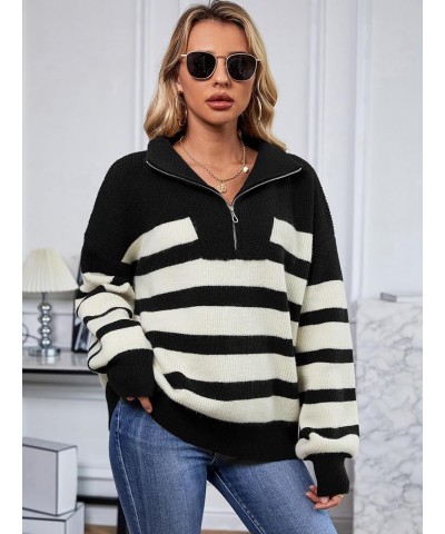 Woman Sweater 1/4 Zip Striped Pullover Sweaters Chunky Warm Long Sleeve Drapped Shoulder Winter Trendy Ribbed Knit Sweater To...