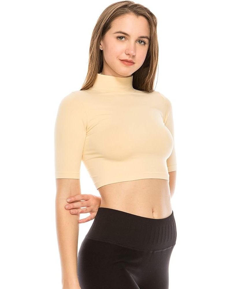 Women's Basic Crop Top – Mock Neck Elbow Length Sleeve Slim Fitted Ribbed Turtleneck Cropped T Shirt (Made in USA) Nude $11.0...