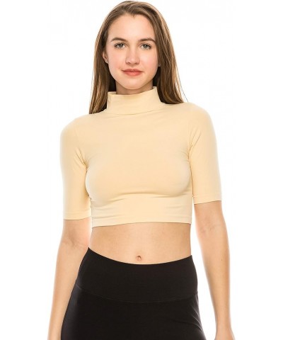 Women's Basic Crop Top – Mock Neck Elbow Length Sleeve Slim Fitted Ribbed Turtleneck Cropped T Shirt (Made in USA) Nude $11.0...