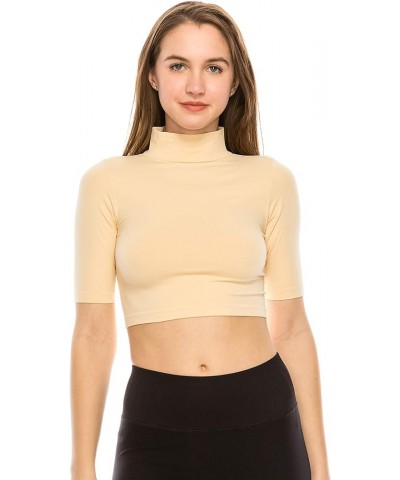 Women's Basic Crop Top – Mock Neck Elbow Length Sleeve Slim Fitted Ribbed Turtleneck Cropped T Shirt (Made in USA) Nude $11.0...