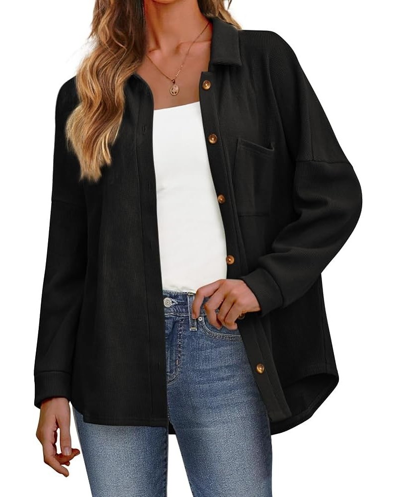 Womens Waffle Knit Shacket Jacket Long Sleeve Button Down Shirts Casual Dressy Blouses 01 Black $14.88 Blouses