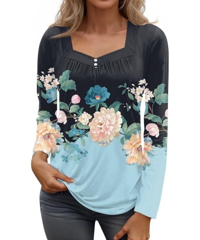 Long Sleeve Tunic Tops For Women, 2024 Spring Trendy Casual Square Neck Top Loose Fitted Vintage Floral Print Shirts C-cyan $...