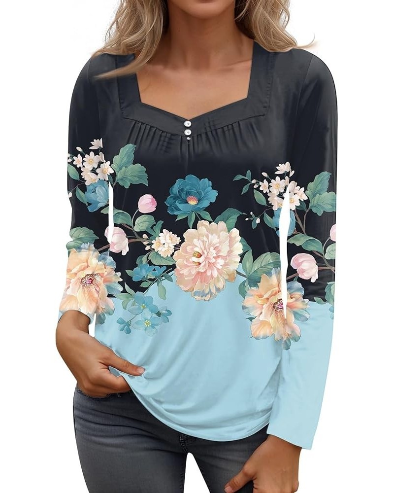 Long Sleeve Tunic Tops For Women, 2024 Spring Trendy Casual Square Neck Top Loose Fitted Vintage Floral Print Shirts C-cyan $...