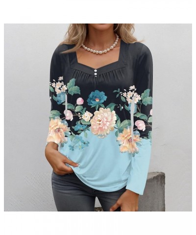 Long Sleeve Tunic Tops For Women, 2024 Spring Trendy Casual Square Neck Top Loose Fitted Vintage Floral Print Shirts C-cyan $...