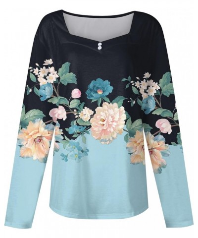 Long Sleeve Tunic Tops For Women, 2024 Spring Trendy Casual Square Neck Top Loose Fitted Vintage Floral Print Shirts C-cyan $...