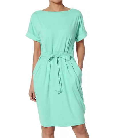 Women's Tie Waist Short Sleeve Stretchy DTY Pocket Shift Dress Casual to Office Mint $12.88 Dresses