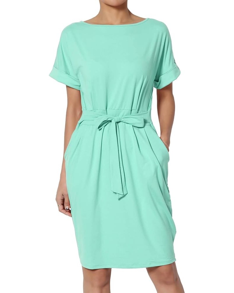 Women's Tie Waist Short Sleeve Stretchy DTY Pocket Shift Dress Casual to Office Mint $12.88 Dresses