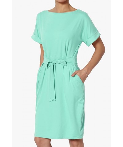 Women's Tie Waist Short Sleeve Stretchy DTY Pocket Shift Dress Casual to Office Mint $12.88 Dresses