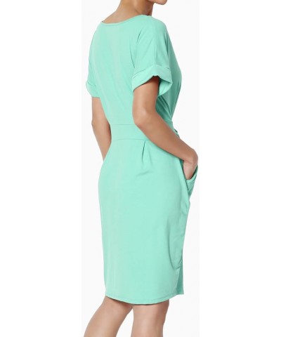 Women's Tie Waist Short Sleeve Stretchy DTY Pocket Shift Dress Casual to Office Mint $12.88 Dresses