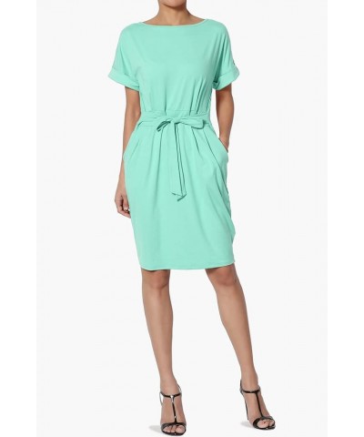 Women's Tie Waist Short Sleeve Stretchy DTY Pocket Shift Dress Casual to Office Mint $12.88 Dresses