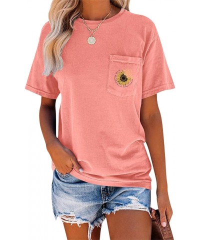 Women's Crew Neck Short Sleeve Summer Sunflower Graphic Printed Tee Vintage T-Shirt with Pockets Loose Fitting Tops Z1 Coral ...