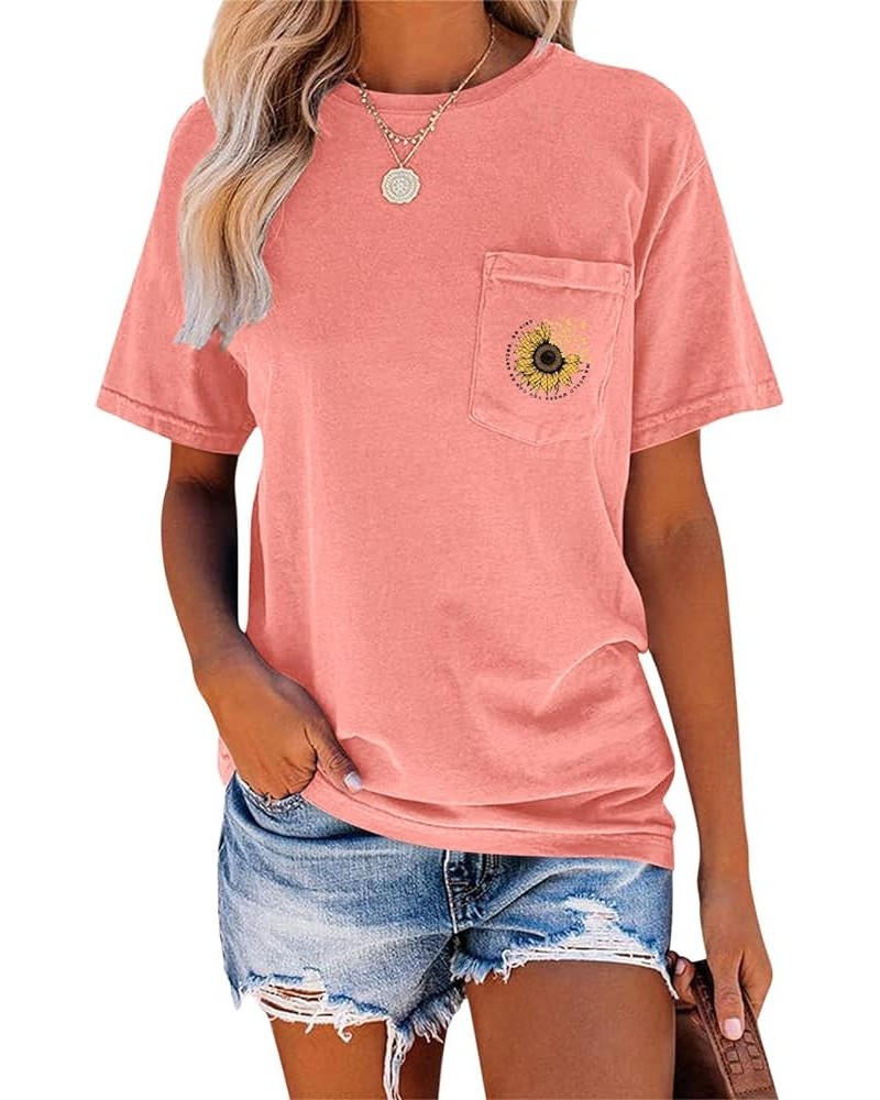 Women's Crew Neck Short Sleeve Summer Sunflower Graphic Printed Tee Vintage T-Shirt with Pockets Loose Fitting Tops Z1 Coral ...