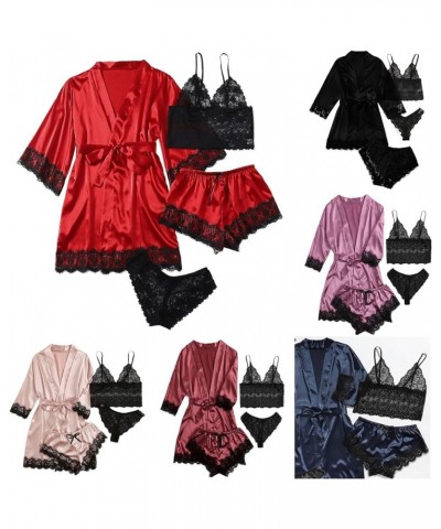 Women' Silk Satin Pajamas Set 4Pcs Lingerie Floral Lace Cami Sleepwear Long Sleeve V Neck Nightdress With Robe Soft Pjs Sets ...