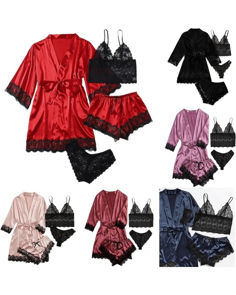 Women' Silk Satin Pajamas Set 4Pcs Lingerie Floral Lace Cami Sleepwear Long Sleeve V Neck Nightdress With Robe Soft Pjs Sets ...