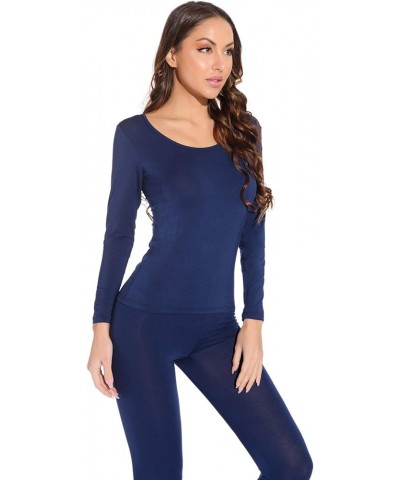 Mcilia Women's Ultrathin Modal Round Neck Thermal Underwear Top & Bottom Set Classic Blue $12.00 Underwear