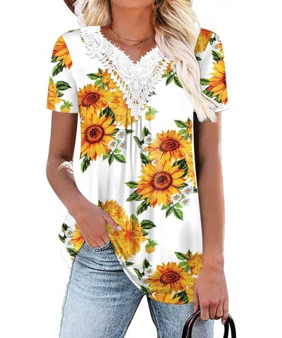 Womens Summer Casual Short Sleeve Tunic Top V-Neck Button Up Loose Blouse Shirt for Leggings White Lace-sunfl White $10.99 Tops